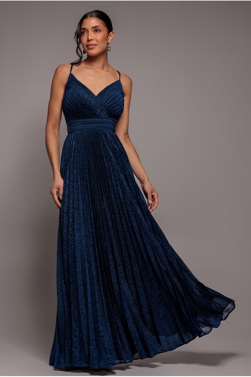 Sleeveless Pleated A Line Lurex Maxi Dress - Navy Blue | Goddiva Sleeveless Pleated A Line Lurex Maxi Dress - Navy Blue | Goddiva