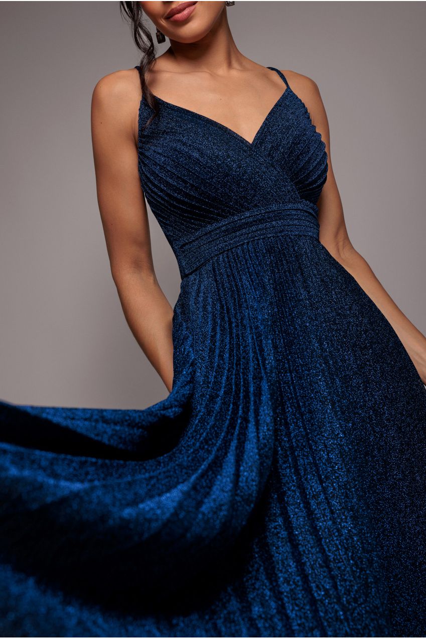 Sleeveless Pleated A Line Lurex Maxi Dress - Navy Blue DR4494