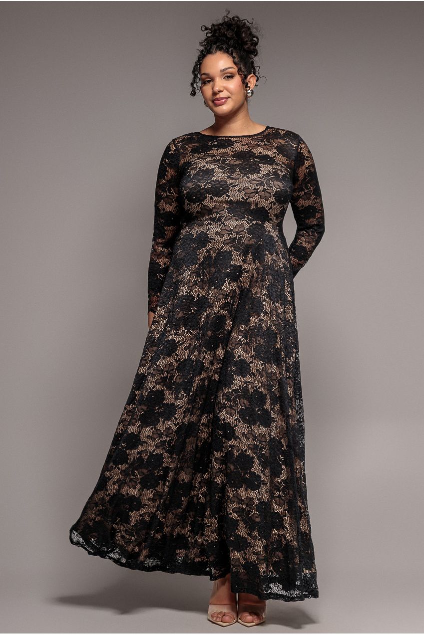 Scalloped Lace A-Line Maxi Dress - Black DR4496PLUS