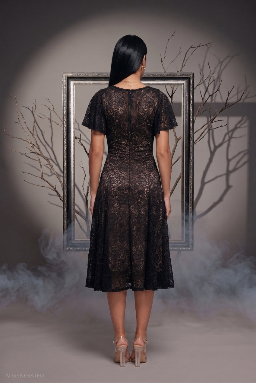 Short Sleeve A-line Midi Wednesday Addams-Inspired Halloween Costume - Black DR4498-HAL