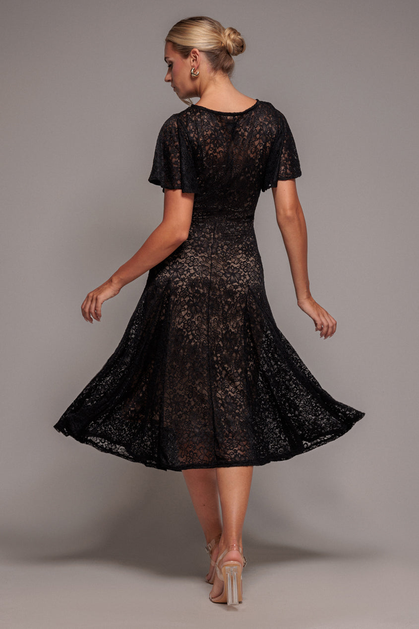 Flutter Sleeve Lace A-Line Midi Dress - Black DR4498