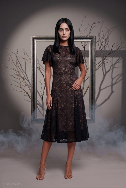 Short Sleeve A-line Midi Wednesday Addams-Inspired Halloween Costume - Black by Goddiva