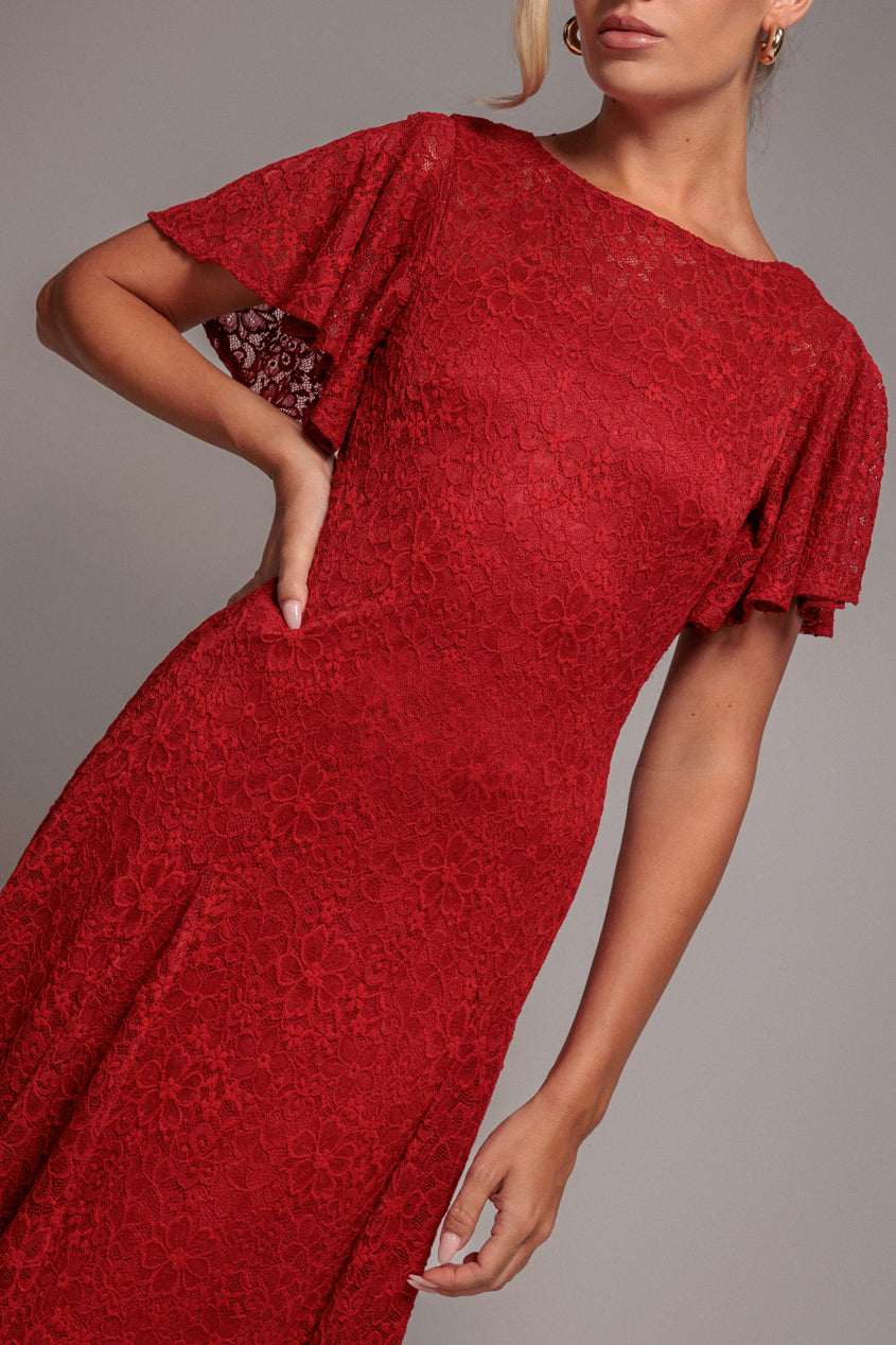 Flutter Sleeve Lace A-Line Midi Dress - Red DR4498