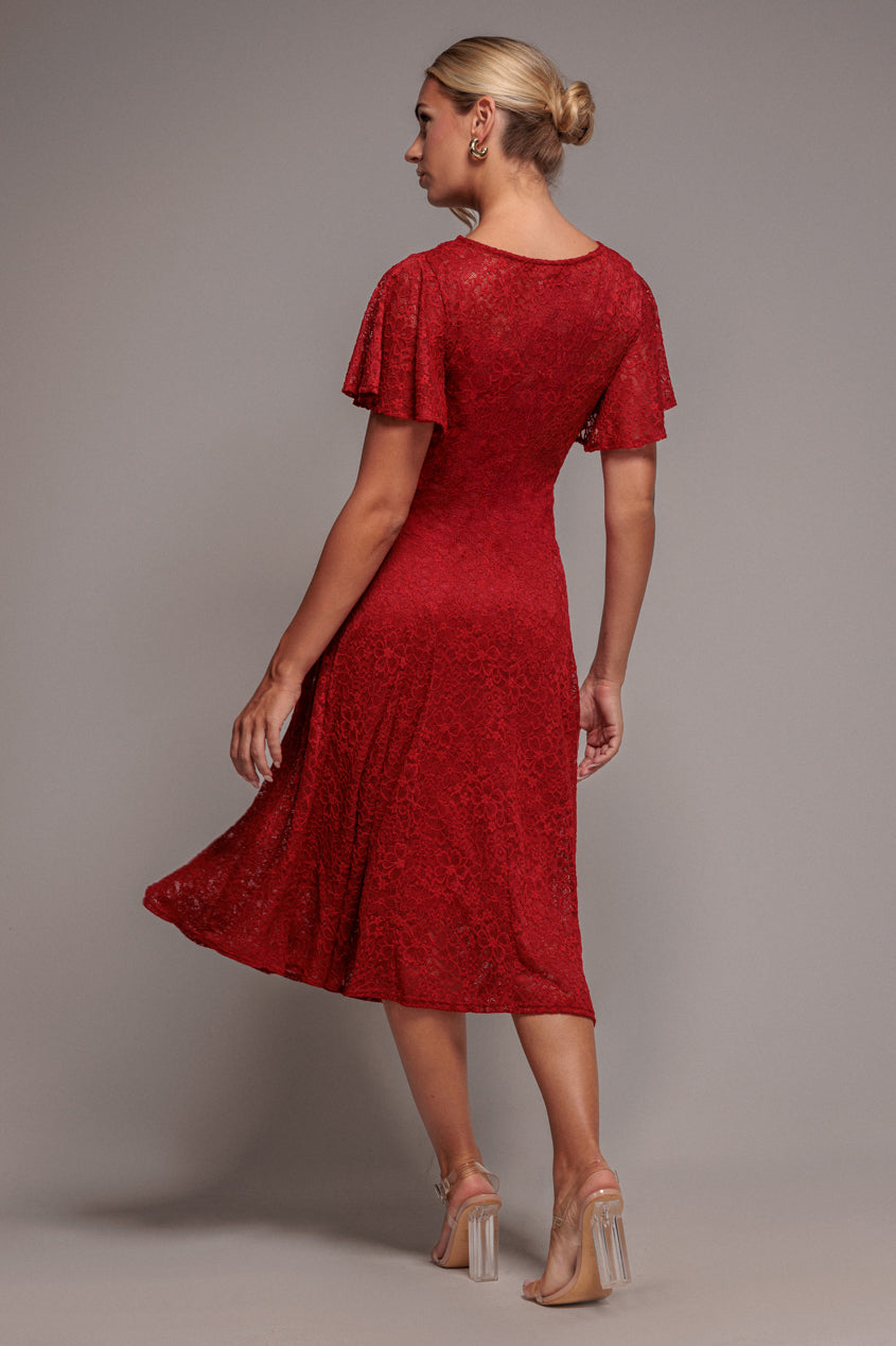 Flutter Sleeve Lace A-Line Midi Dress - Red DR4498