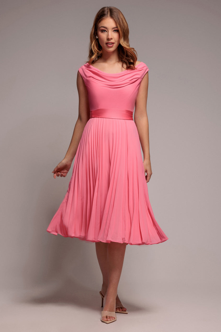 Cowl Neck Pleated A-Line Chiffon Midi Dress - Coral DR4501