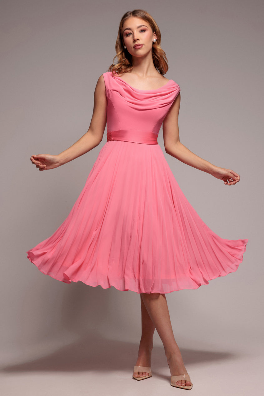 Cowl Neck Pleated A-Line Chiffon Midi Dress - Coral DR4501
