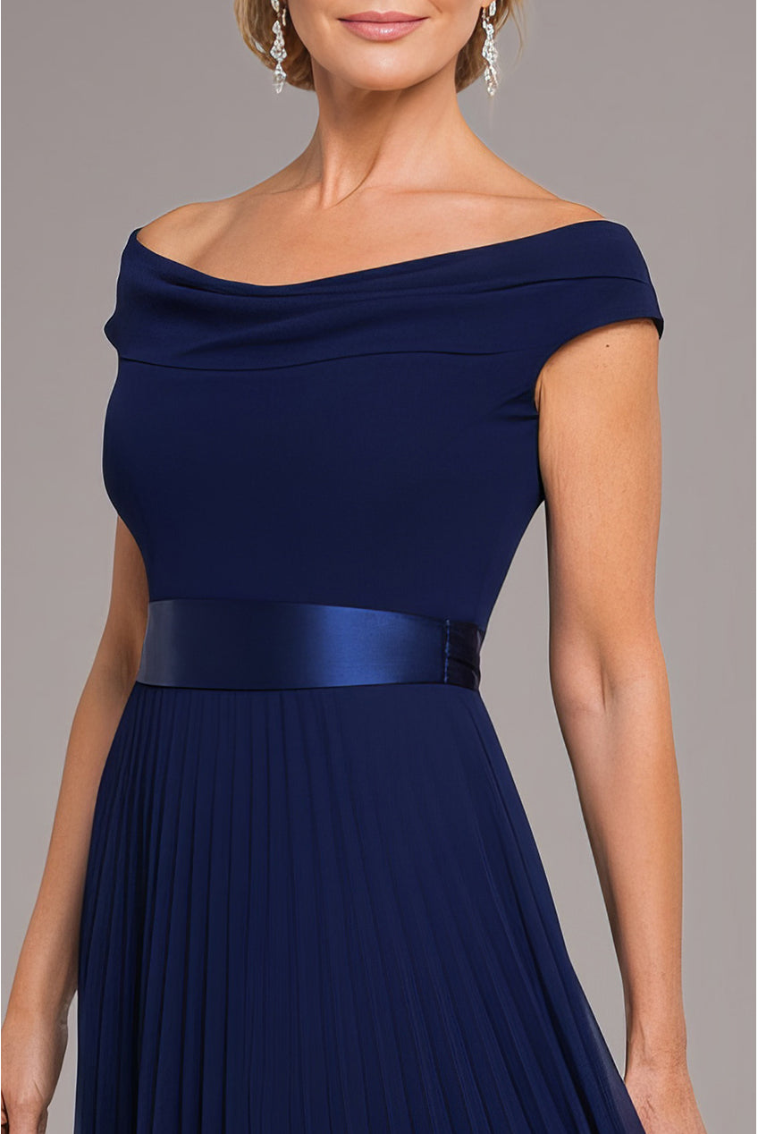 Cowl Neck Pleated A-Line Chiffon Midi Dress - Navy Blue DR4501M