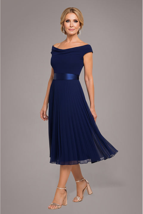 Cowl Neck Pleated A-Line Chiffon Midi Dress - Navy Blue by Goddiva