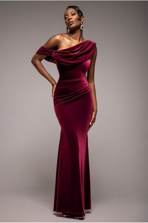 Cowl One Shoulder Velvet Maxi Dress - Burgundy Red by Goddiva