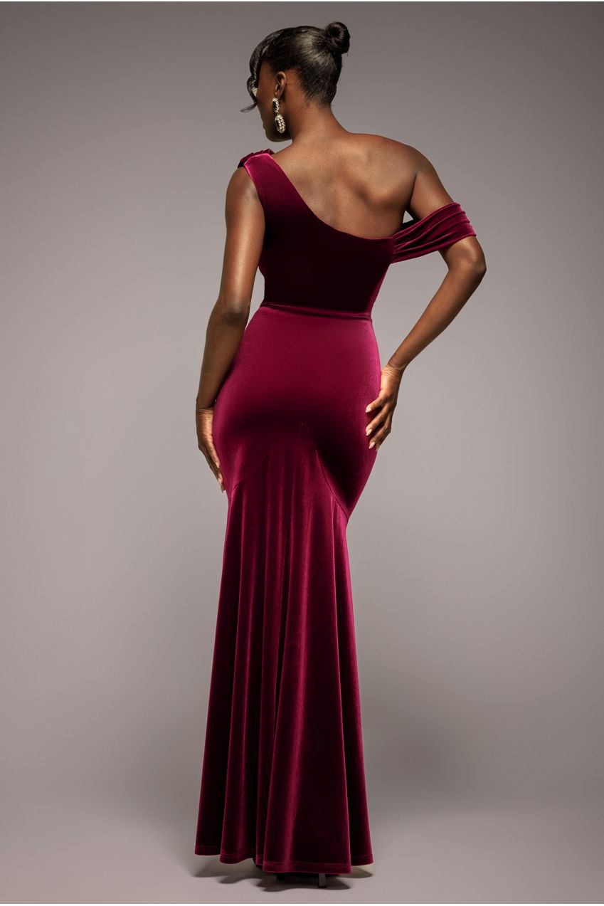 Cowl One Shoulder Velvet Maxi Dress - Burgundy Red DR4504