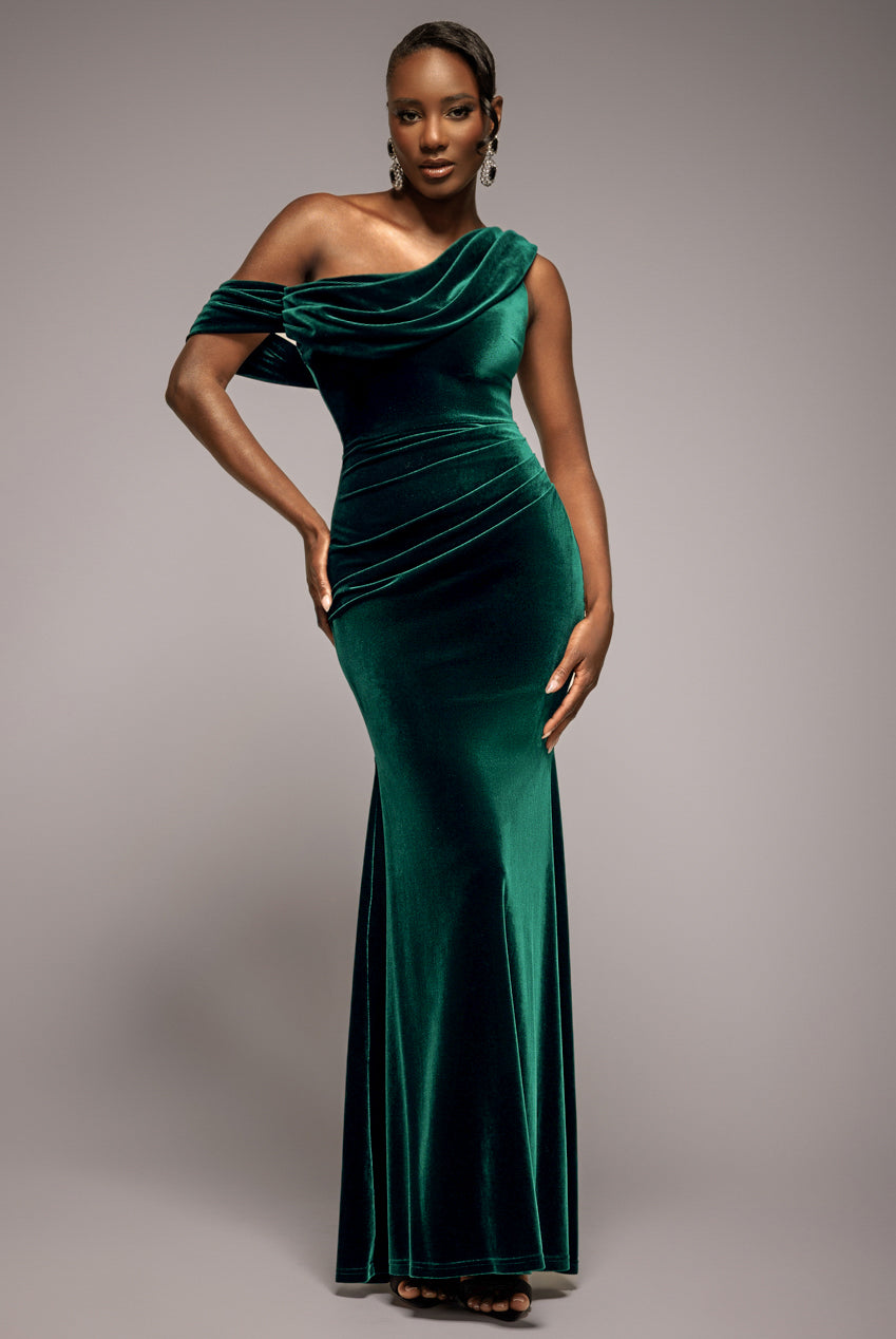 Cowl One Shoulder Velvet Maxi Dress - Emerald Green DR4504