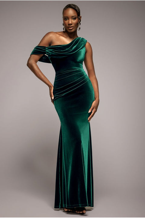 Cowl One Shoulder Velvet Maxi Dress - Emerald Green by Goddiva