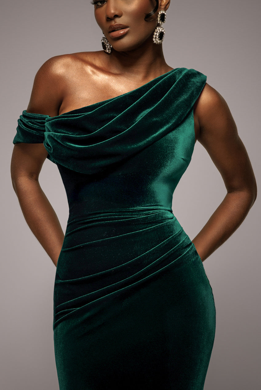 Cowl One Shoulder Velvet Maxi Dress - Emerald Green DR4504