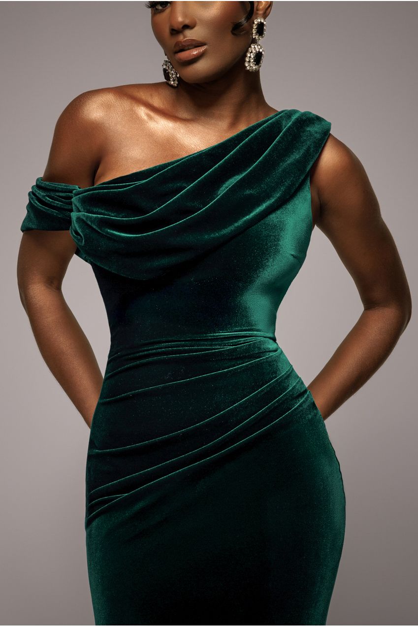 Cowl One Shoulder Velvet Maxi Dress - Emerald Green DR4504