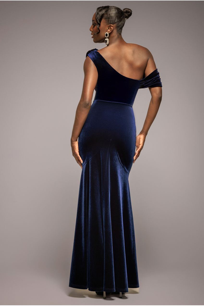 Cowl One Shoulder Velvet Maxi Dress - Navy Blue DR4504