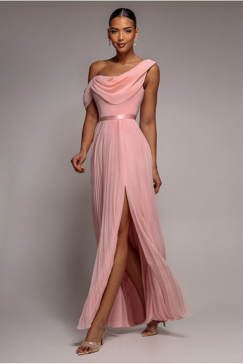 Cowl Neck One Shoulder A Line Chiffon Maxi Dress - Blush Pink by Goddiva