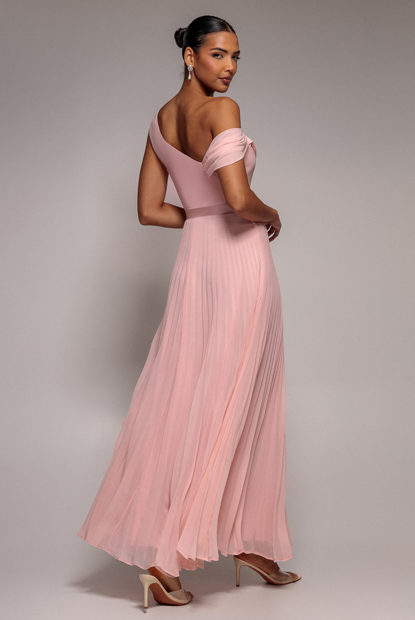 Cowl Neck One Shoulder A Line Chiffon Maxi Dress - Blush Pink DR4506