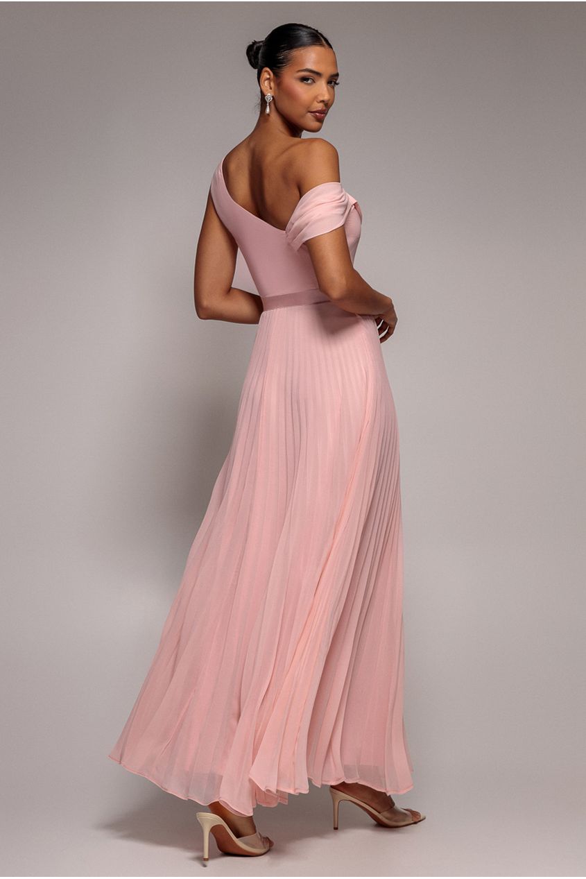 Cowl Neck One Shoulder A Line Chiffon Maxi Dress - Blush Pink DR4506