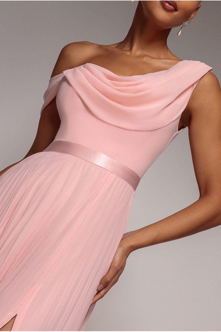 Cowl Neck One Shoulder A Line Chiffon Maxi Dress - Blush Pink DR4506