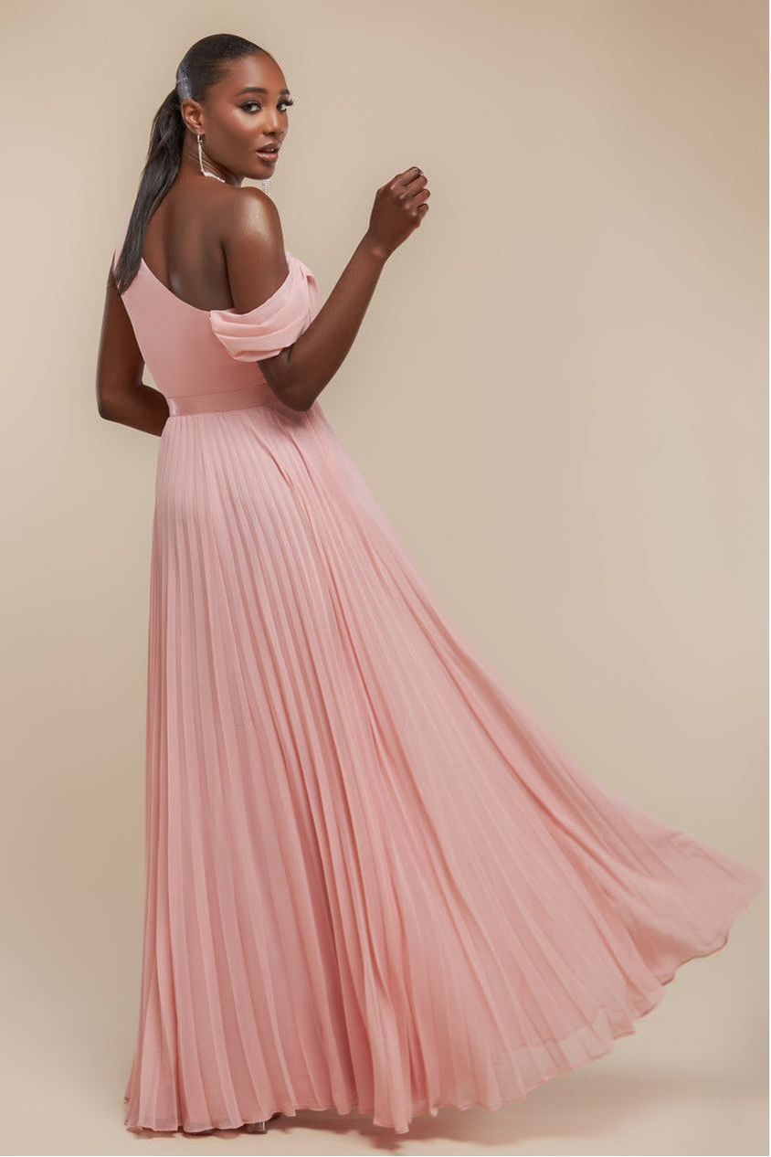 Cowl Neck One Shoulder A Line Chiffon Maxi Dress - Blush Pink DR4506
