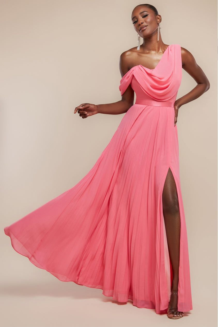 Cowl Neck One Shoulder A Line Chiffon Maxi Dress - Coral DR4506