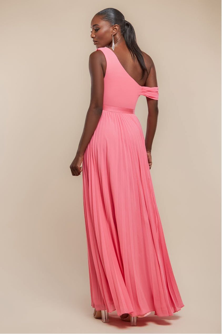Cowl Neck One Shoulder A Line Chiffon Maxi Dress - Coral DR4506