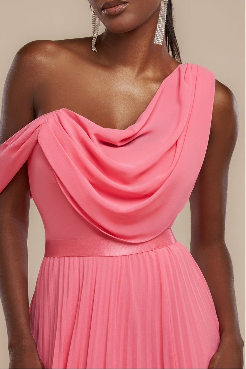 Cowl Neck One Shoulder A Line Chiffon Maxi Dress - Coral DR4506