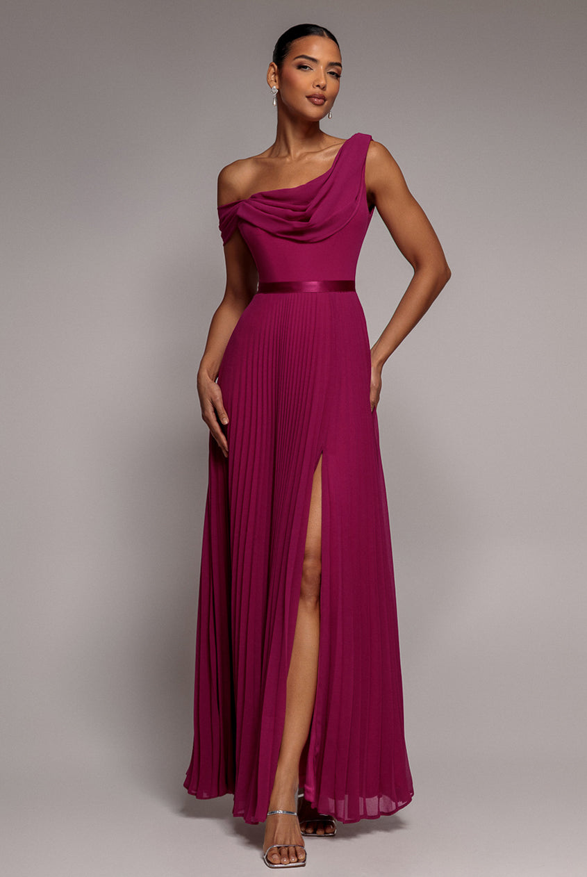Cowl Neck One Shoulder A Line Chiffon Maxi Dress - Magenta DR4506
