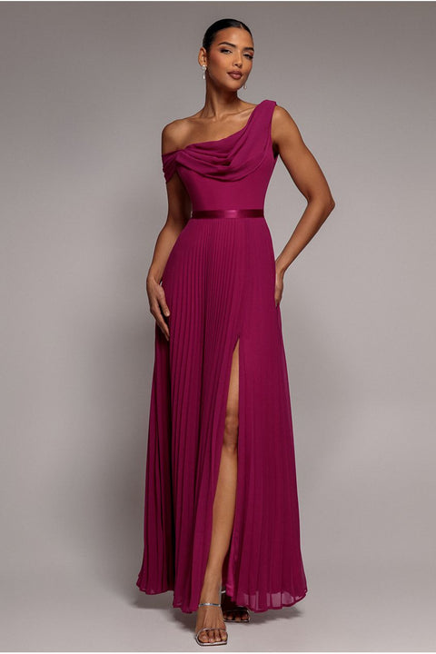 Cowl Neck One Shoulder A Line Chiffon Maxi Dress - Magenta by Goddiva