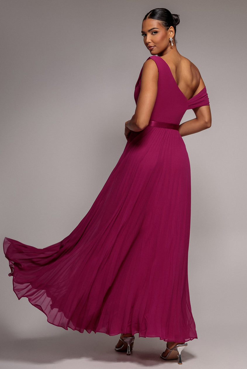 Cowl Neck One Shoulder A Line Chiffon Maxi Dress - Magenta DR4506