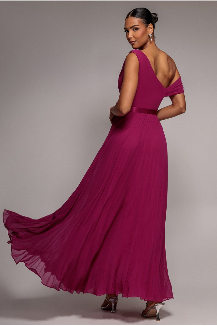 Cowl Neck One Shoulder A Line Chiffon Maxi Dress - Magenta DR4506