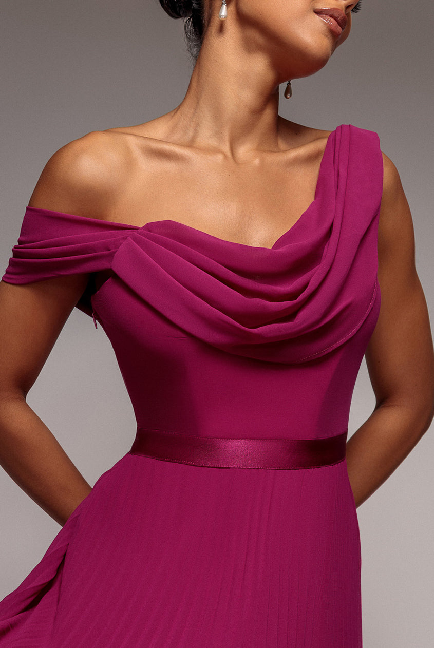 Cowl Neck One Shoulder A Line Chiffon Maxi Dress - Magenta DR4506