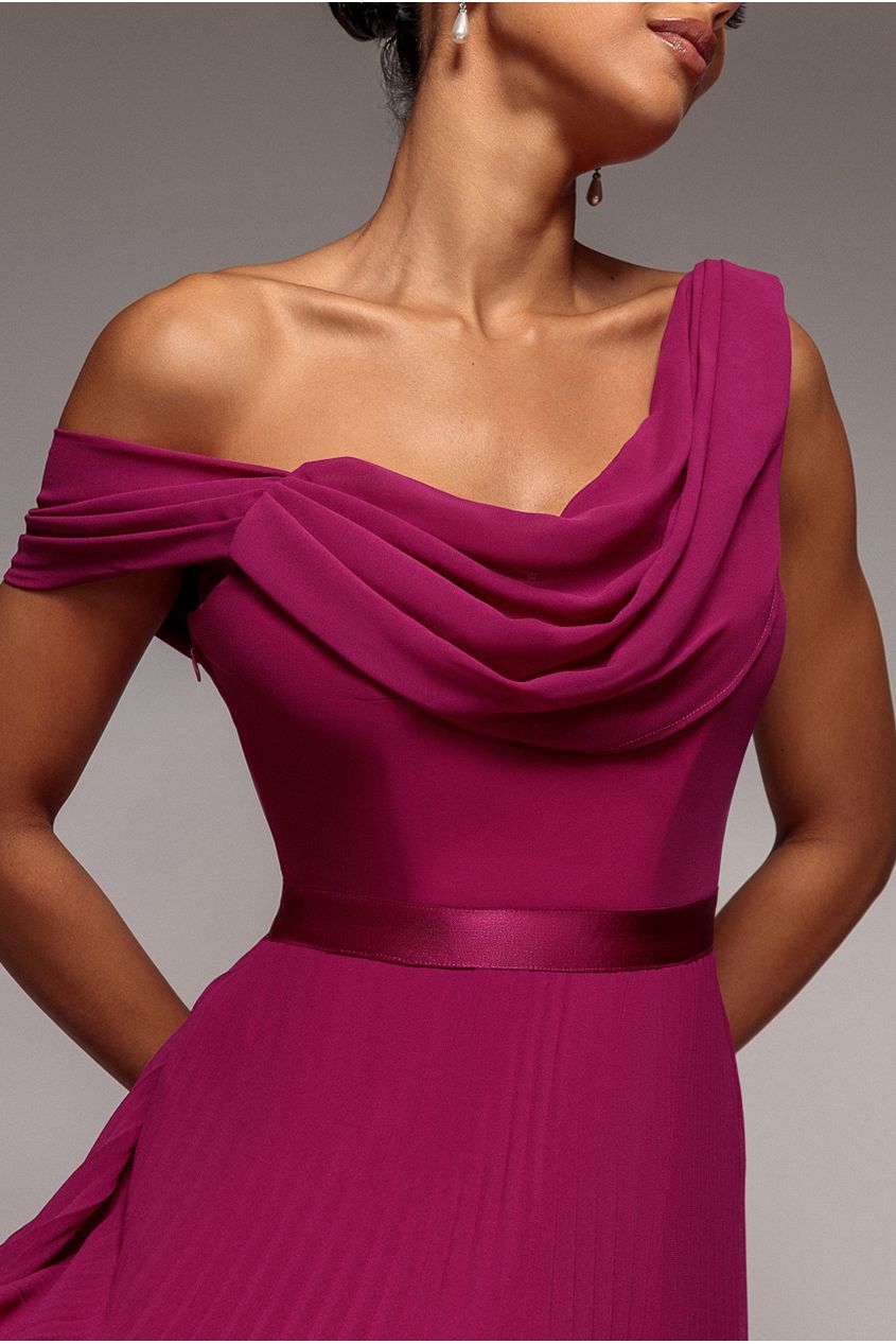 Cowl Neck One Shoulder A Line Chiffon Maxi Dress - Magenta DR4506