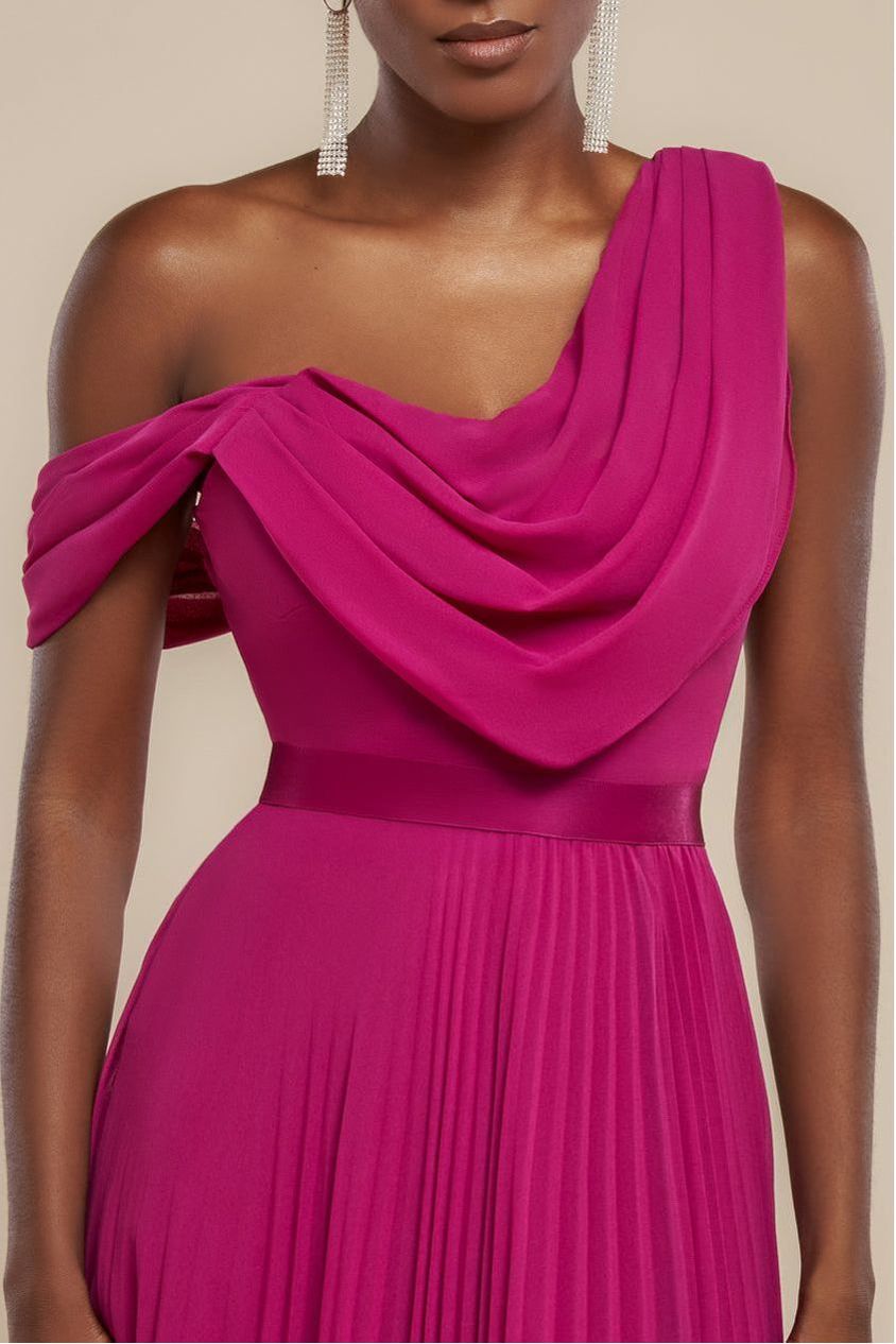 Cowl Neck One Shoulder A Line Chiffon Maxi Dress - Magenta DR4506