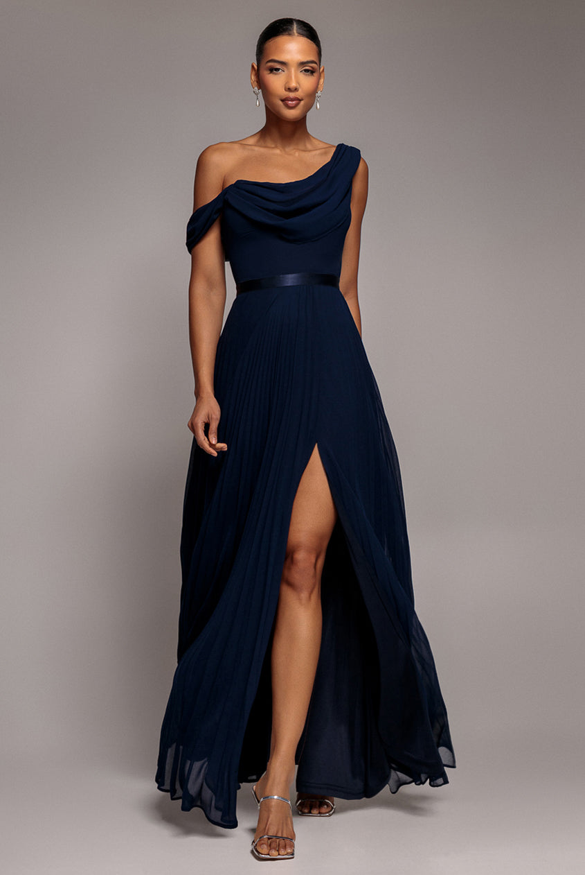 Cowl Neck One Shoulder A Line Chiffon Maxi Dress - Navy Blue DR4506