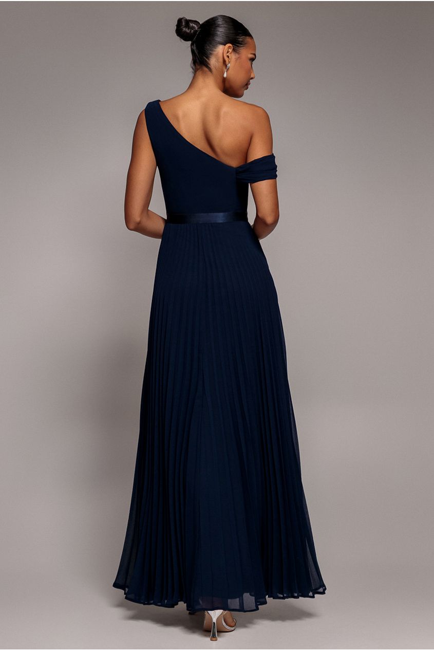 Cowl Neck One Shoulder A Line Chiffon Maxi Dress - Navy Blue DR4506