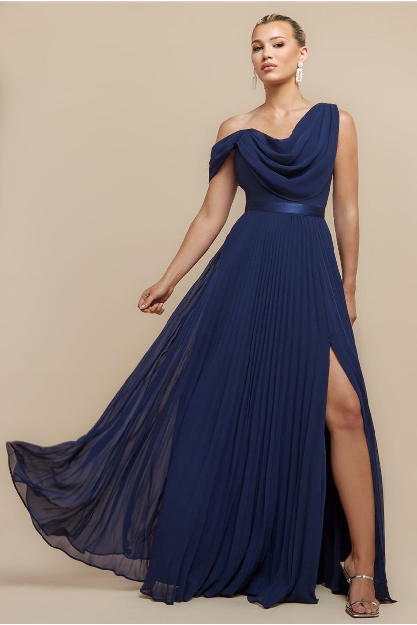 Cowl Neck One Shoulder A Line Chiffon Maxi Dress - Navy Blue DR4506