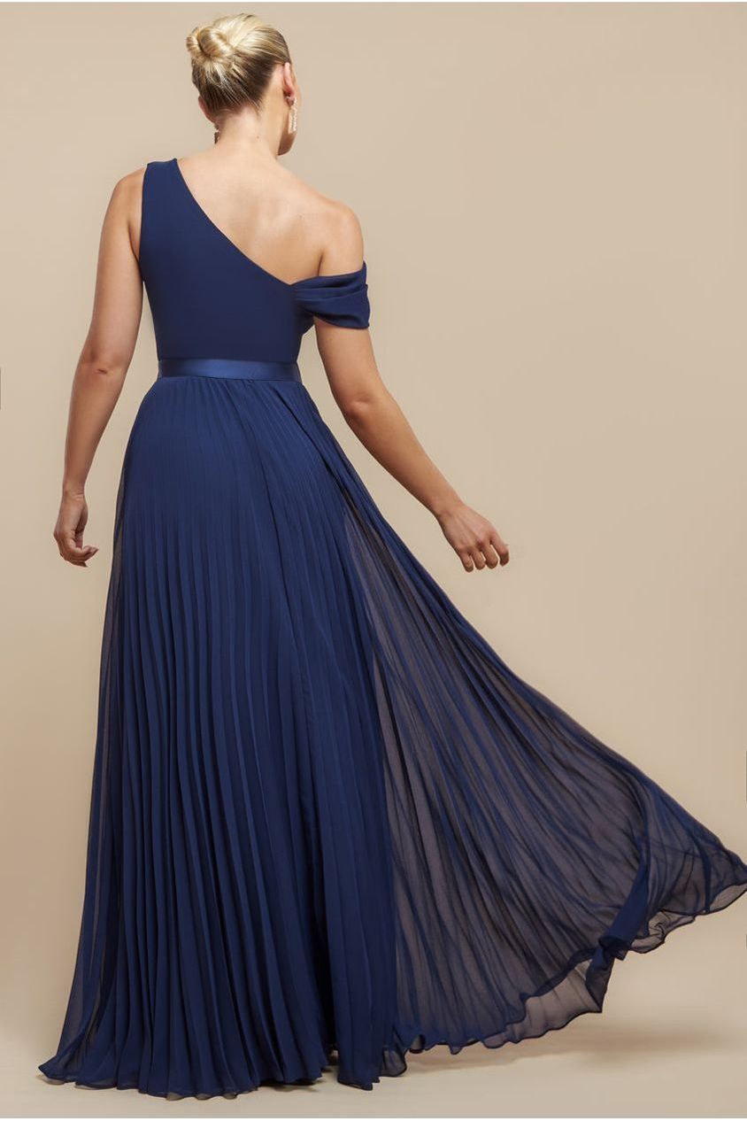 Cowl Neck One Shoulder A Line Chiffon Maxi Dress - Navy Blue DR4506