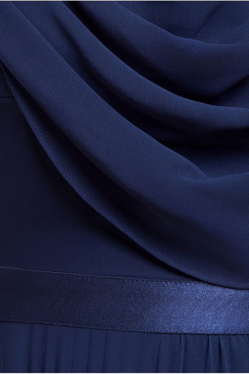 Cowl Neck One Shoulder A Line Chiffon Maxi Dress - Navy Blue DR4506