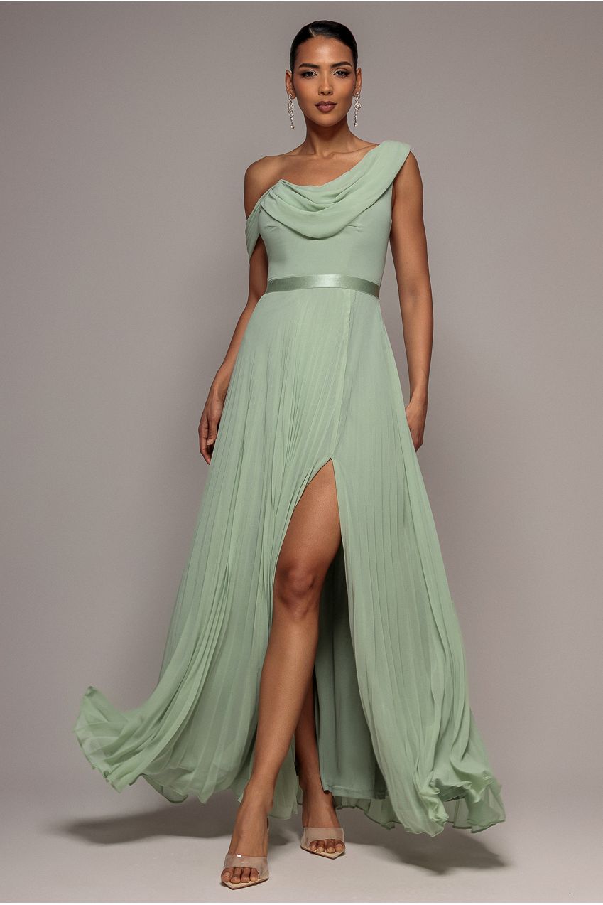 Cowl Neck One Shoulder A Line Chiffon Maxi Dress - Sage Green DR4506