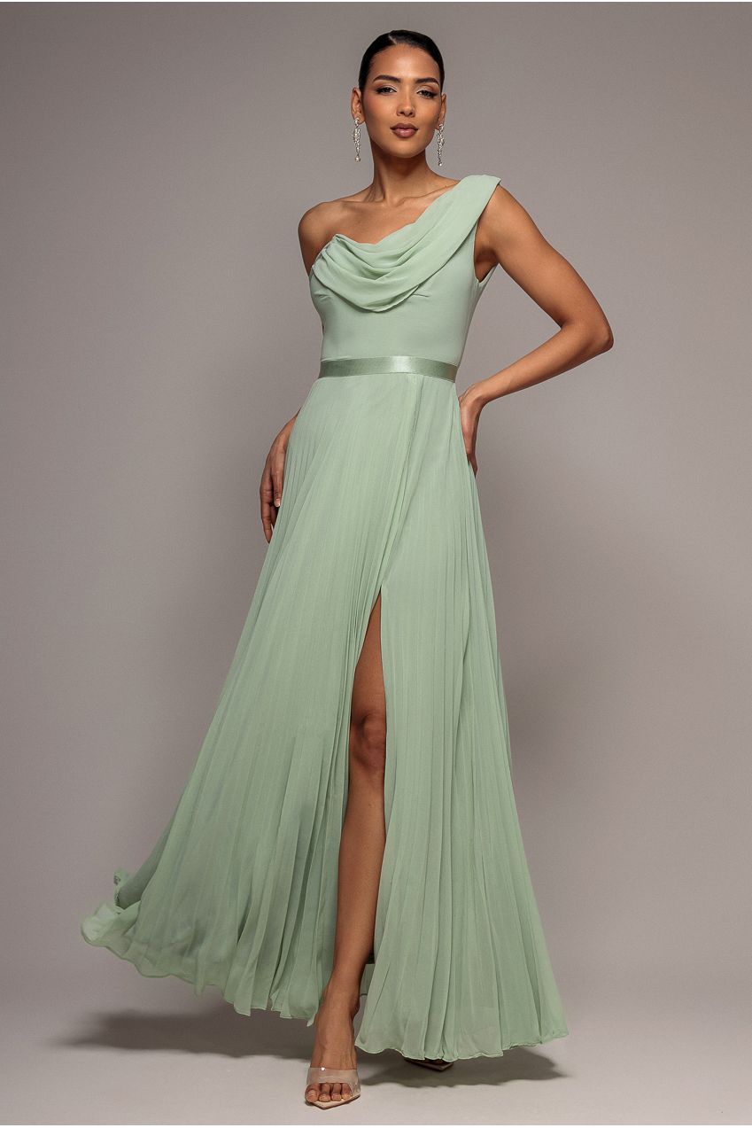 Cowl Neck One Shoulder A Line Chiffon Maxi Dress - Sage Green DR4506