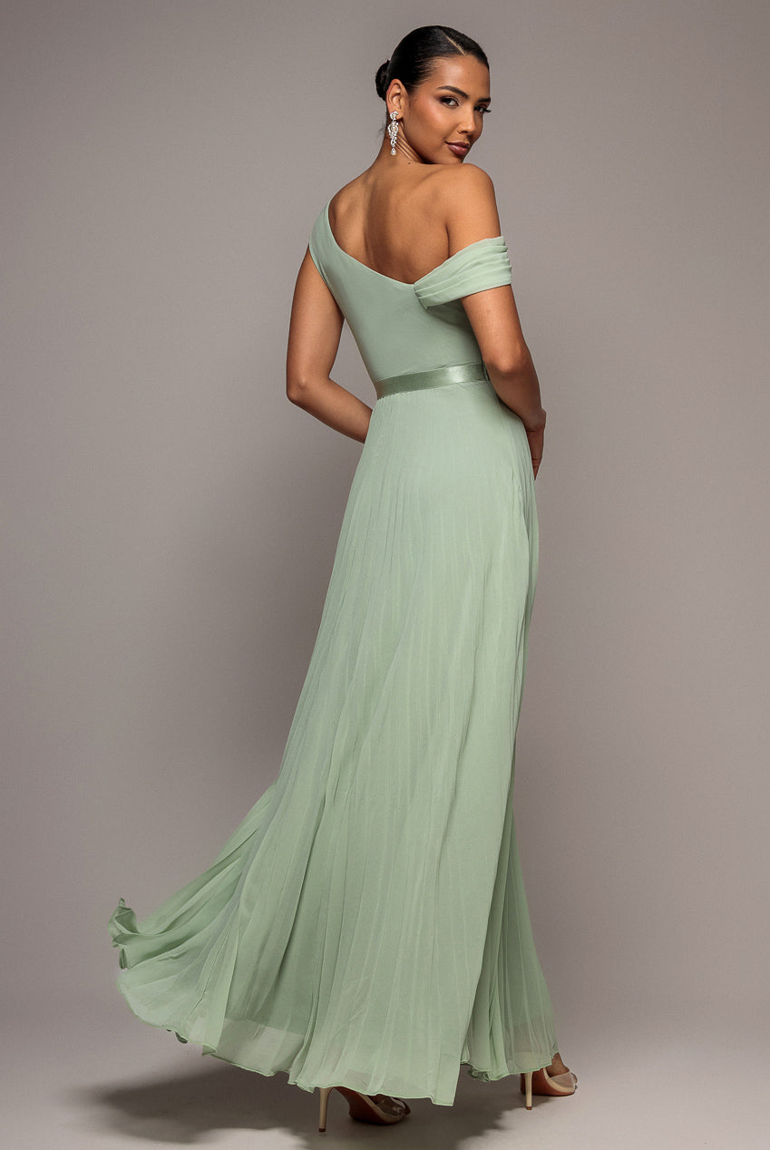 Cowl Neck One Shoulder A Line Chiffon Maxi Dress - Sage Green DR4506