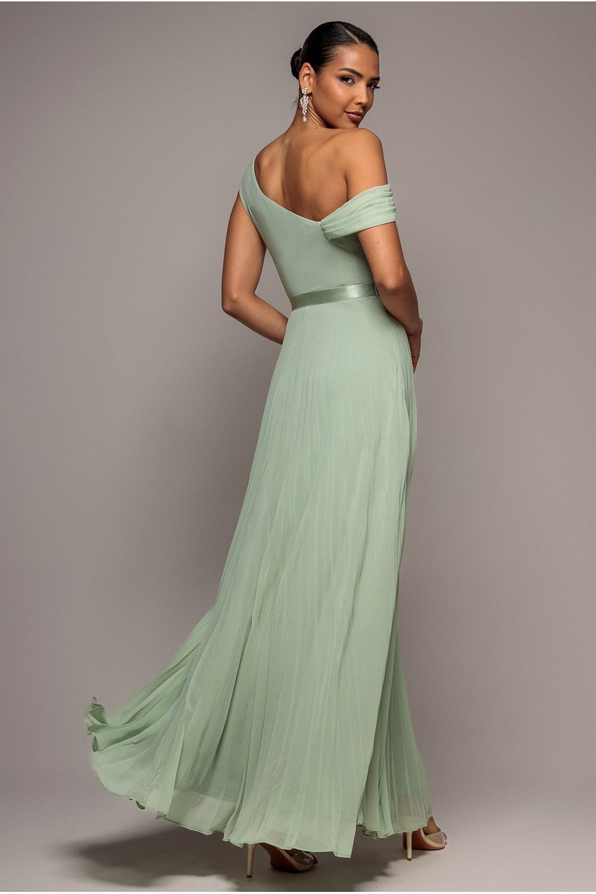 Cowl Neck One Shoulder A Line Chiffon Maxi Dress - Sage Green DR4506