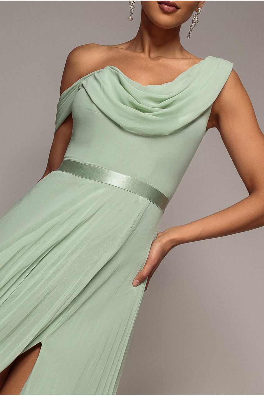 Cowl Neck One Shoulder A Line Chiffon Maxi Dress - Sage Green DR4506