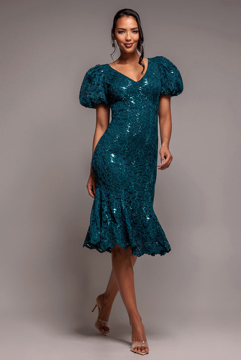 Sequin Lace Puff Sleeve Fit & Flare Midi Dress - Teal Blue by Goddiva