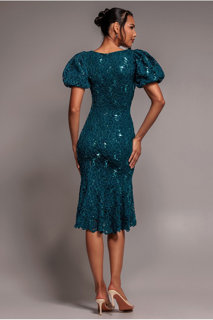 Sequin Lace Puff Sleeve Fit & Flare Midi Dress - Teal Blue DR4508