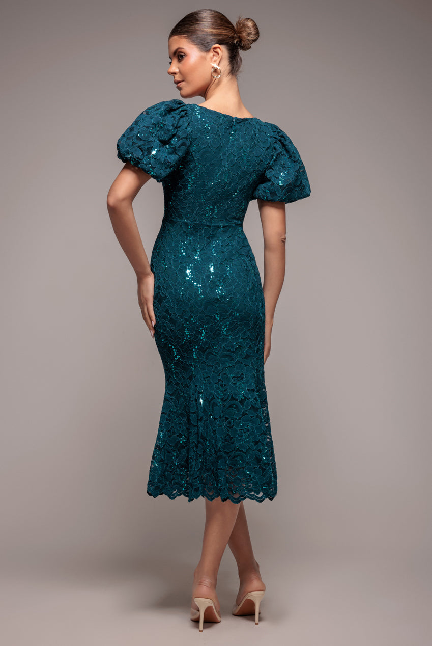Sequin Lace Puff Sleeve Fit & Flare Midi Dress - Teal Blue DR4508