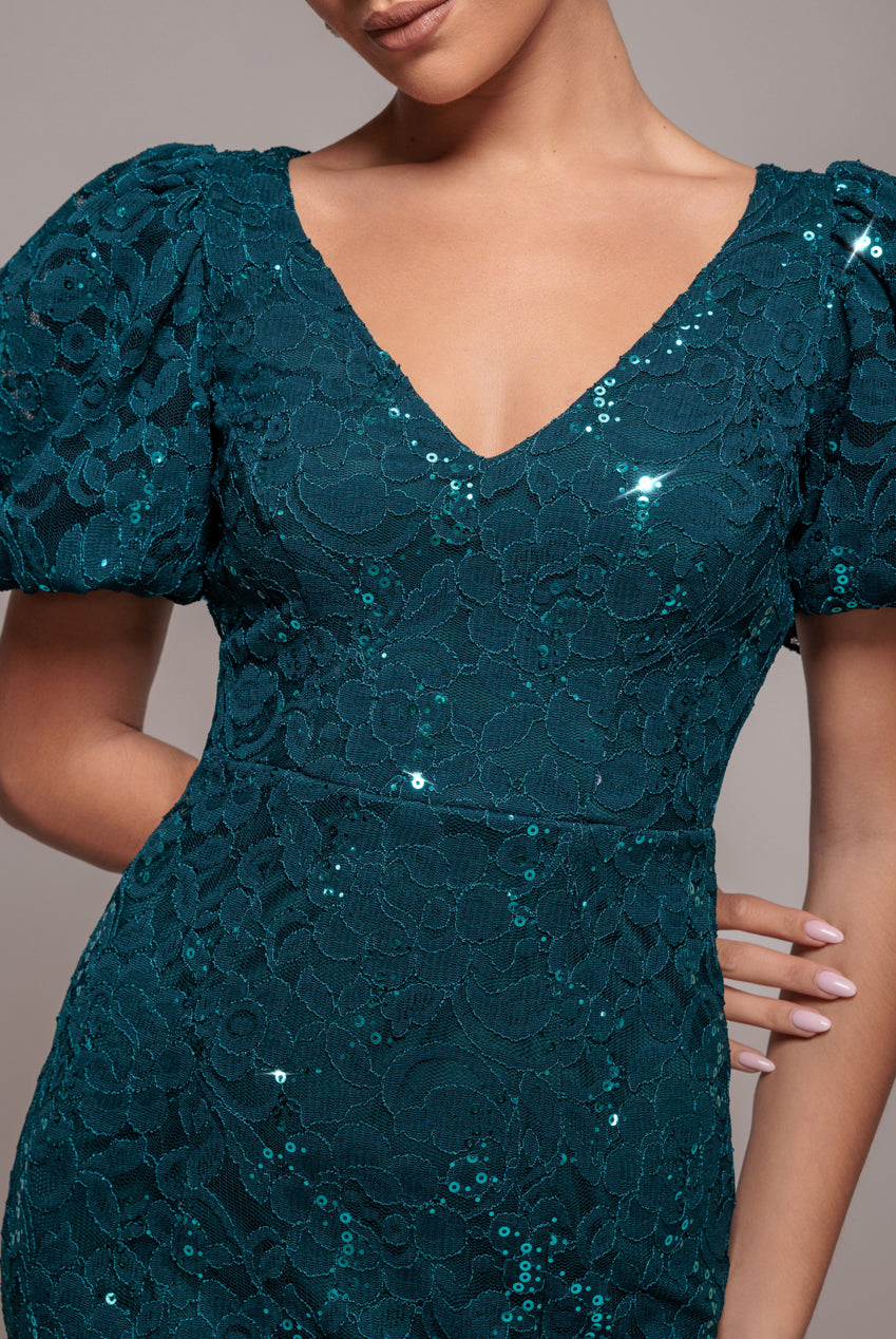 Sequin Lace Puff Sleeve Fit & Flare Midi Dress - Teal Blue DR4508