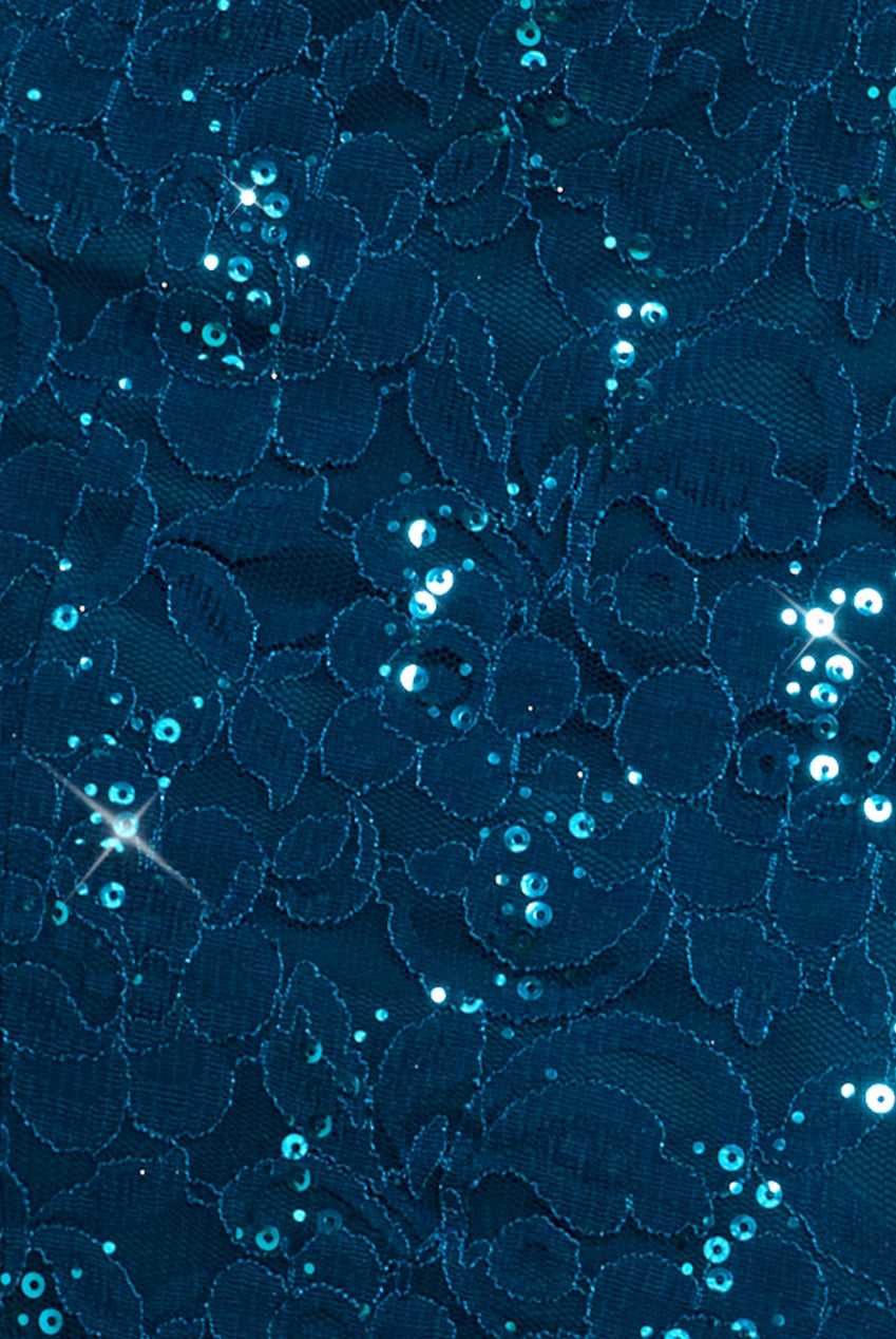 Sequin Lace Puff Sleeve Fit & Flare Midi Dress - Teal Blue DR4508