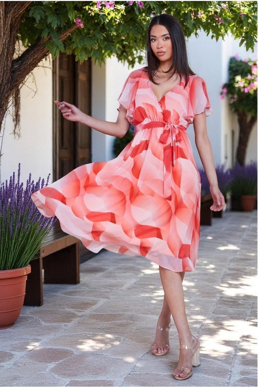 Printed Flutter Sleeve Chiffon Midi Dress - Coral DR4515